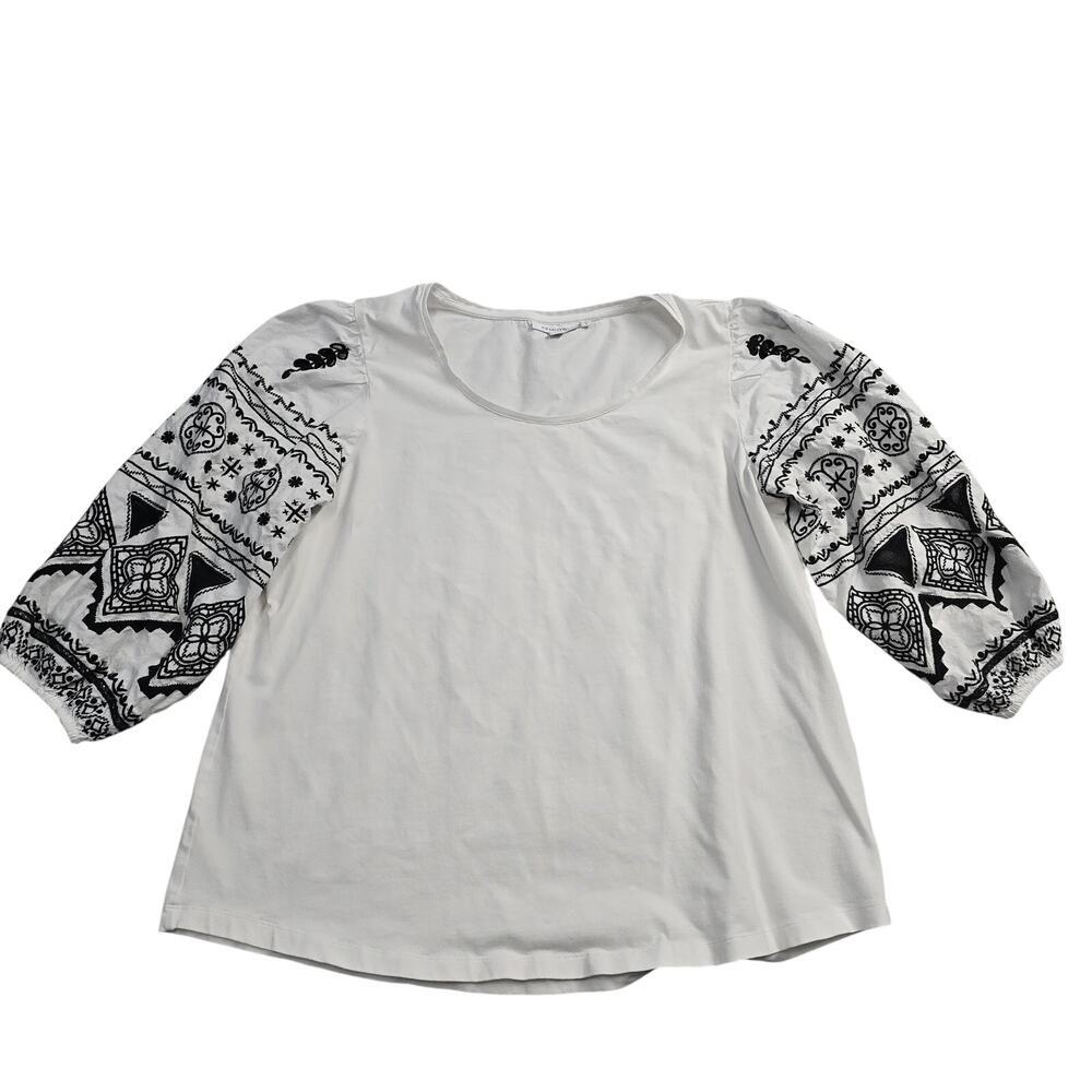 Chico’s White Embroidered Puff Sleeve Blouse Bohemian Sz L Lagenlook Artsy